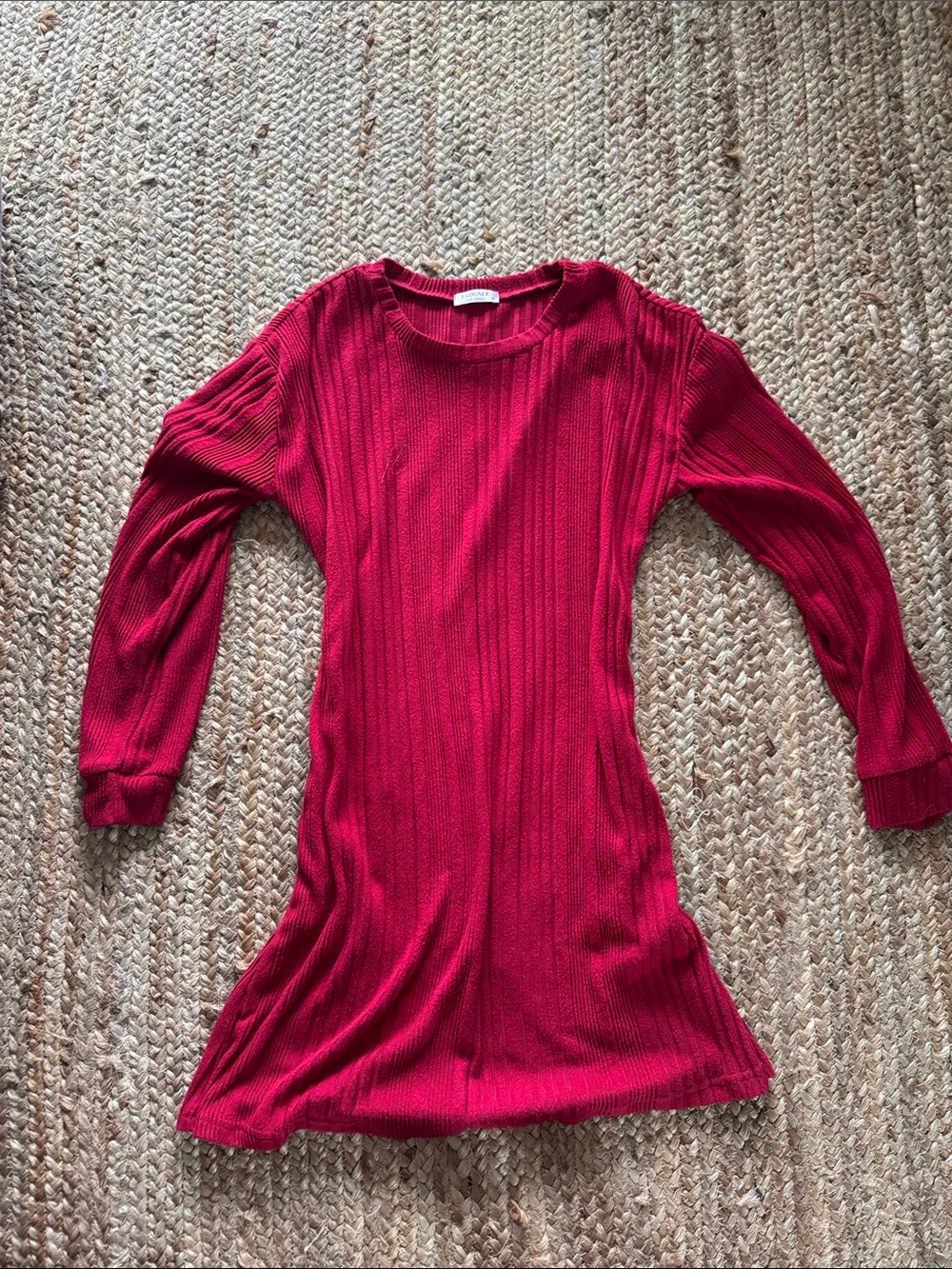Ribbed Long-Sleeve Knit Dress in Deep Red - Unbranded